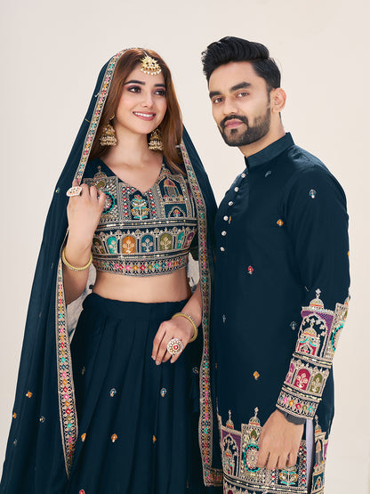 Shubh Neel Embroidered Lehenga Choli & Matching Men's Kurta Set Combo