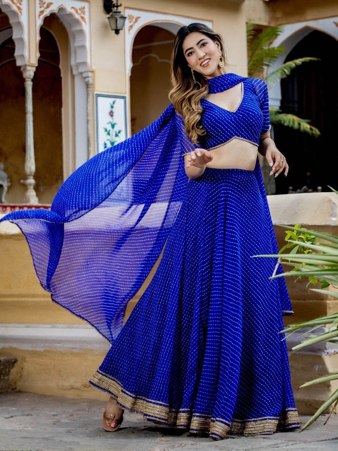 Blue Lehriya Print Zari And Cording Lace Work Lehengha Choli