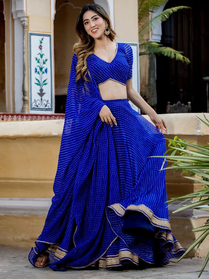 Blue Lehriya Print Zari And Cording Lace Work Lehengha Choli