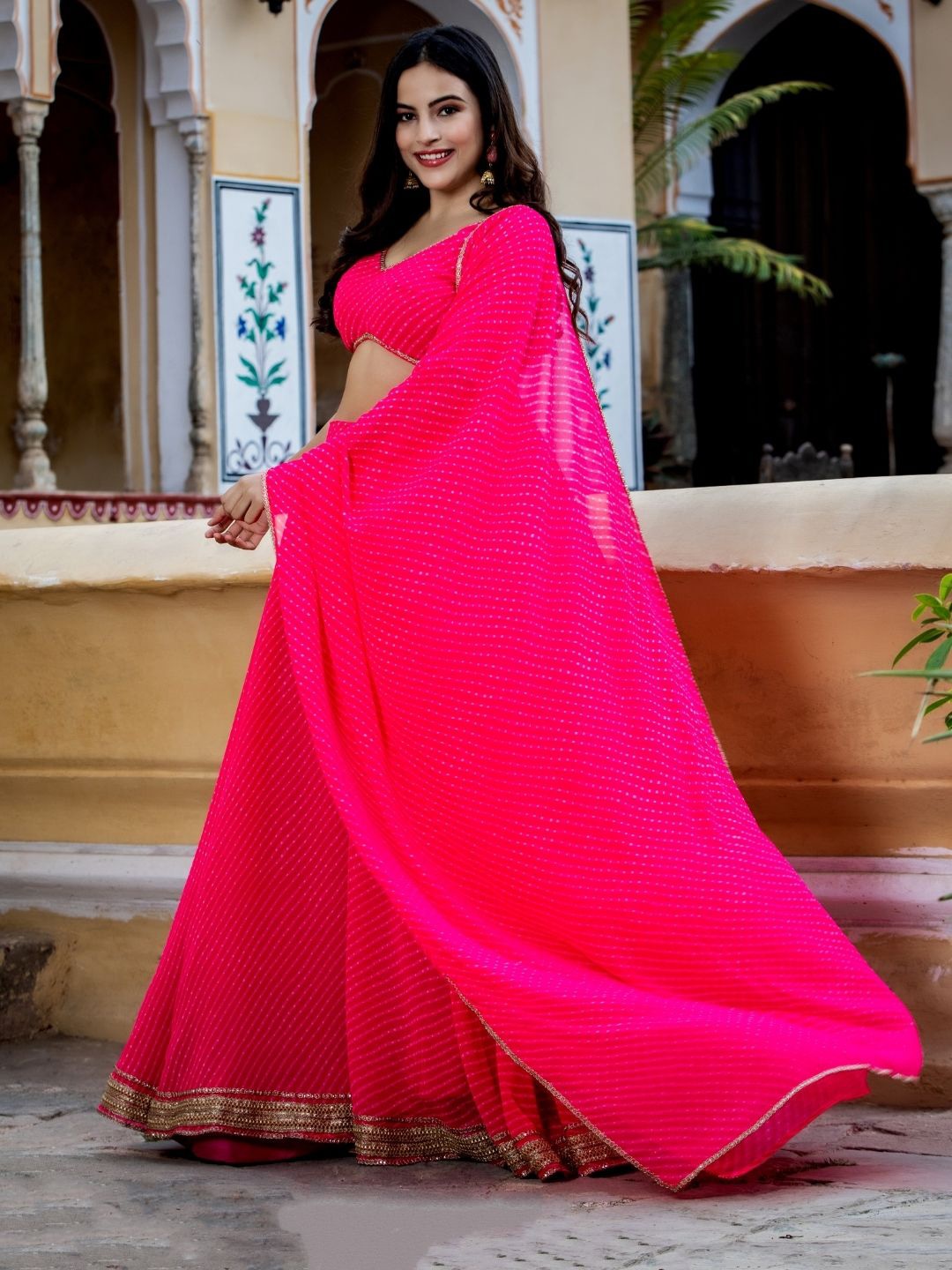 Pink Lehriya Print Zari And Cording Lace Work Lehengha Choli