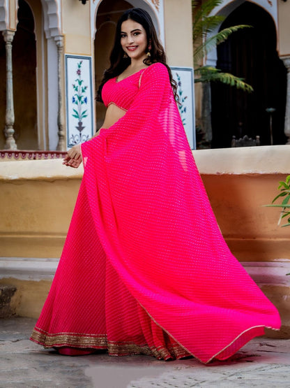 Pink Lehriya Print Zari And Cording Lace Work Lehengha Choli