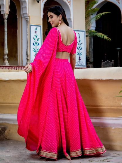 Pink Lehriya Print Zari And Cording Lace Work Lehengha Choli