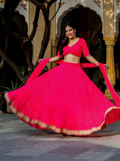 Pink Lehriya Print Zari And Cording Lace Work Lehengha Choli
