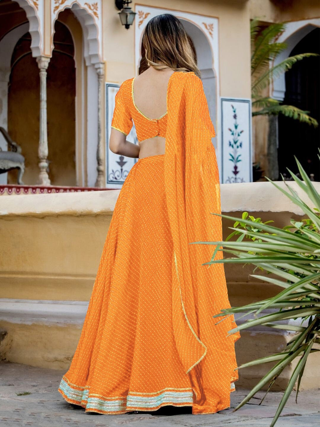 Yellow Leheriya Print Zari And Cording Lace Work Lehengha Choli