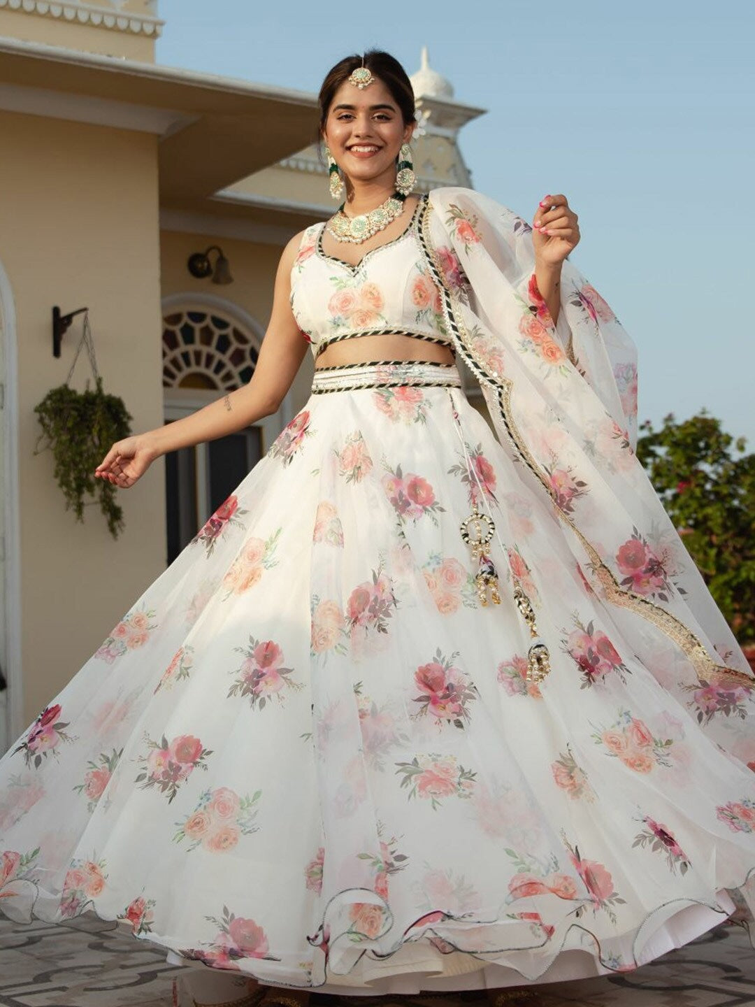 Trisha White Oraganza Floral Print Lehengha Choli
