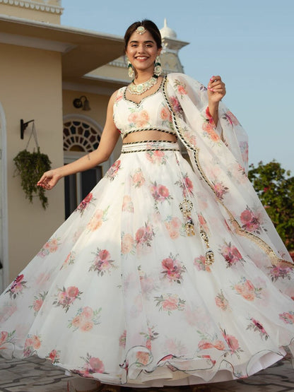 Trisha White Oraganza Floral Print Lehengha Choli