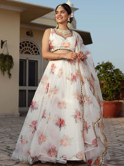 Trisha White Oraganza Floral Print Lehengha Choli