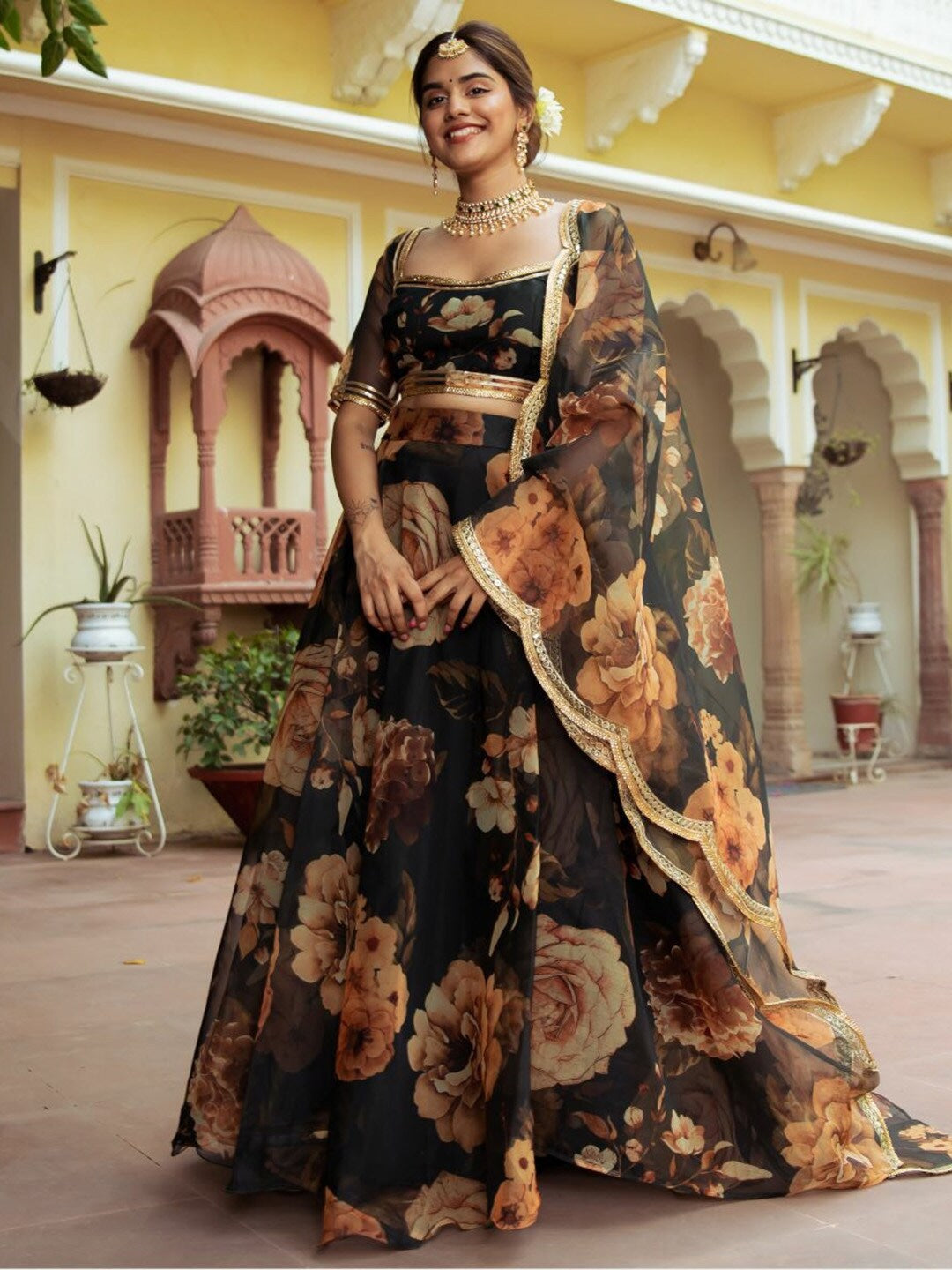 Black Oraganza Floral Print Lehengha Choli