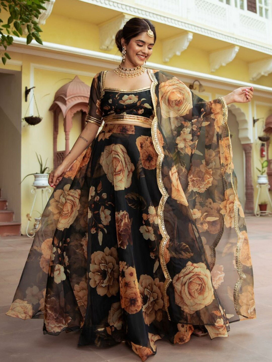 Black Oraganza Floral Print Lehengha Choli
