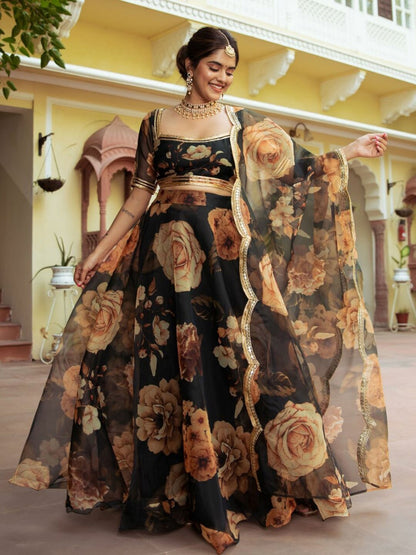 Black Oraganza Floral Print Lehengha Choli