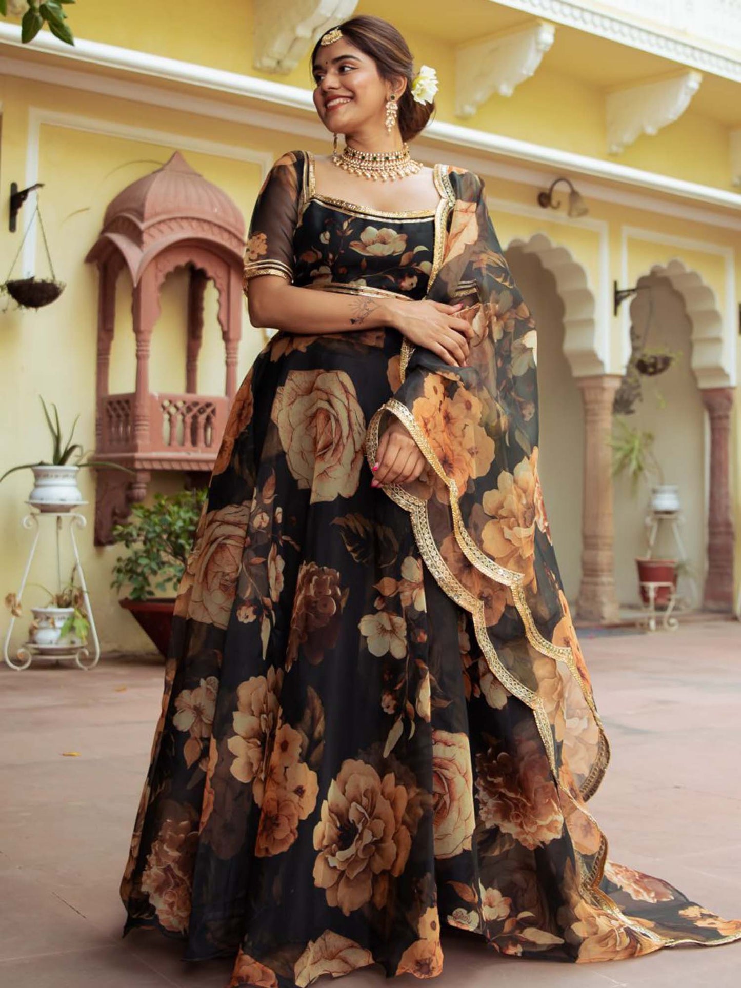Black Oraganza Floral Print Lehengha Choli