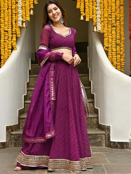 Purple Lehriya Print Zari And Cording Lace work Lehengha Choli