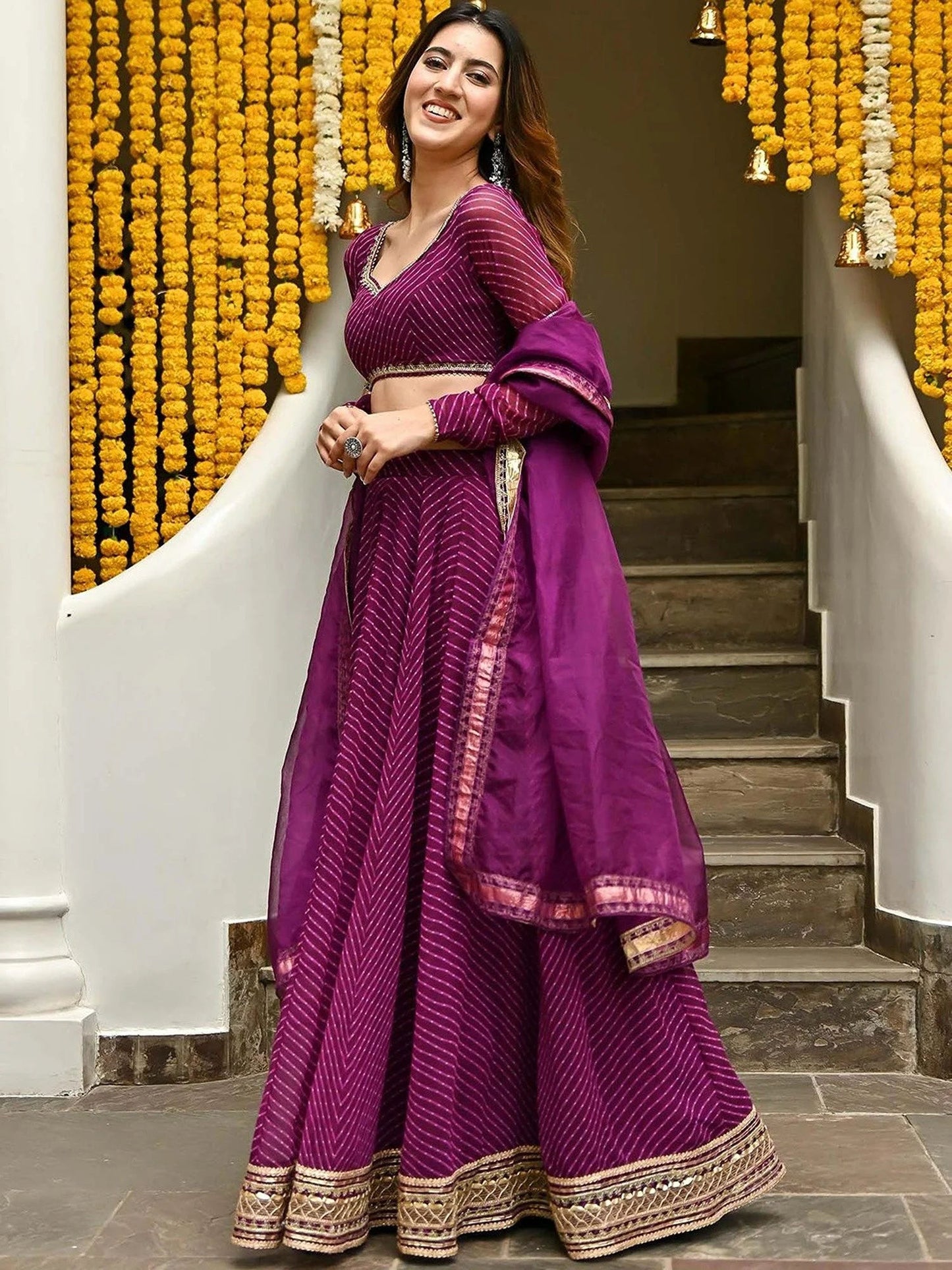 Purple Lehriya Print Zari And Cording Lace work Lehengha Choli