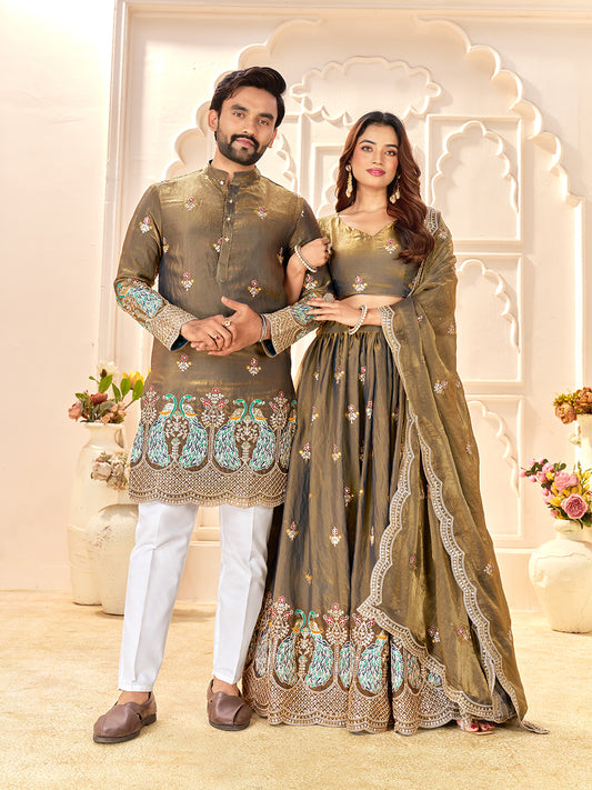 Meherva Olive Green Fendi Silk Embroidered Couple Wear Lehenga Kurta Set