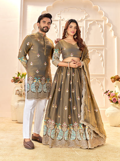 Meherva Olive Green Fendi Silk Embroidered Couple Wear Lehenga Kurta Set