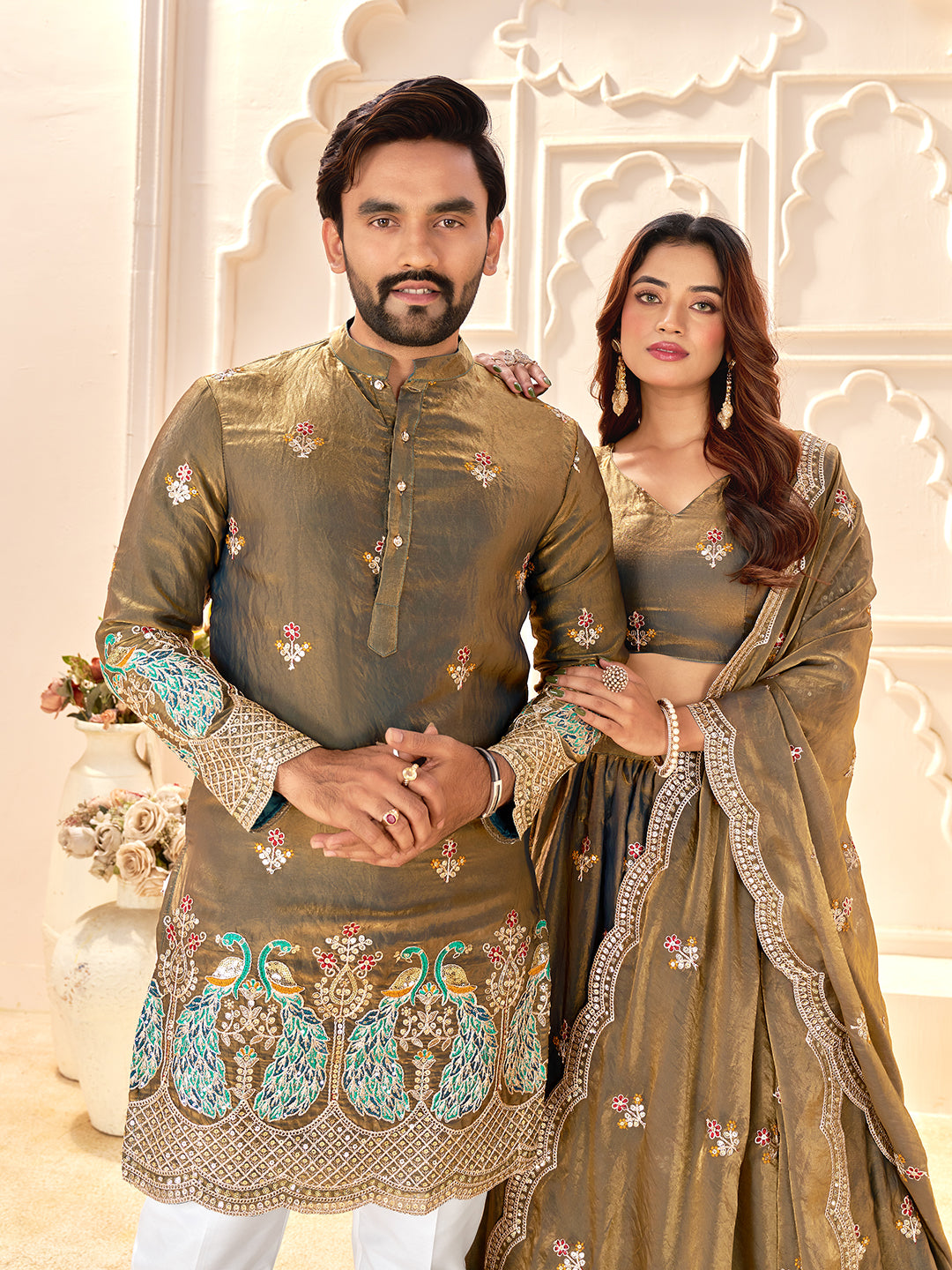 Meherva Olive Green Fendi Silk Embroidered Couple Wear Lehenga Kurta Set