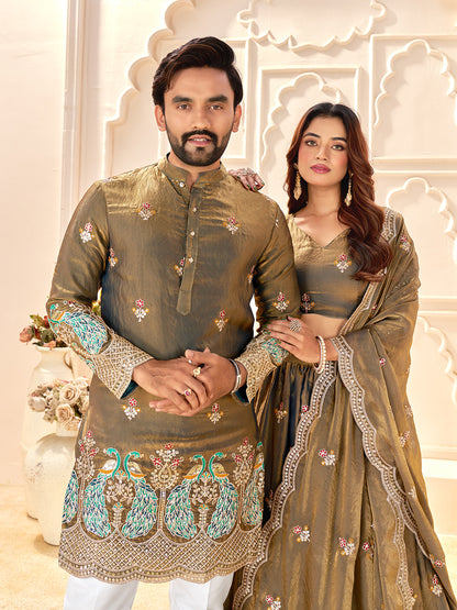 Meherva Olive Green Fendi Silk Embroidered Couple Wear Lehenga Kurta Set