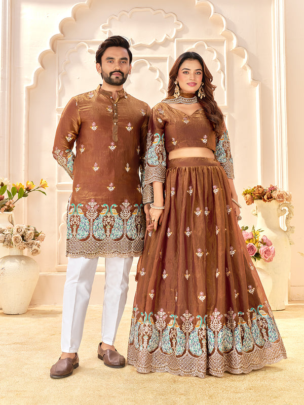 Rudrayan Copper Brown Fendi Silk Embroidered Couple Wear Set