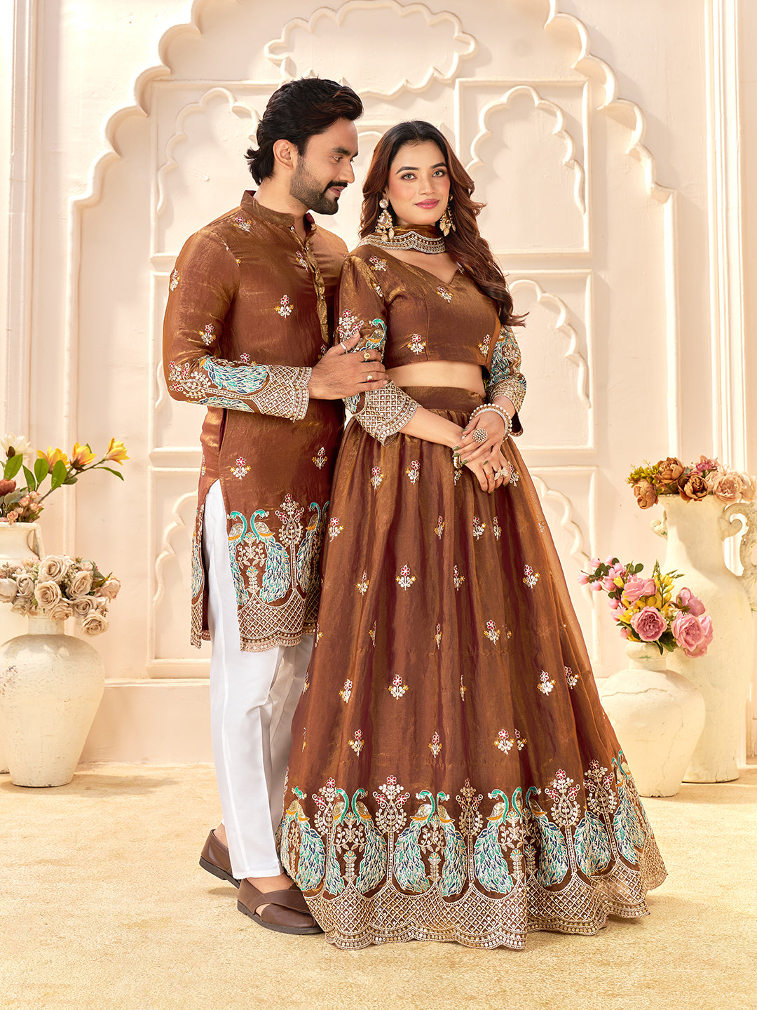 Rudrayan Copper Brown Fendi Silk Embroidered Couple Wear Set
