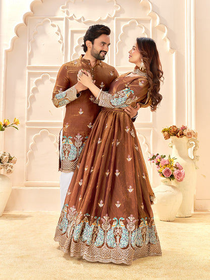 Rudrayan Copper Brown Fendi Silk Embroidered Couple Wear Set