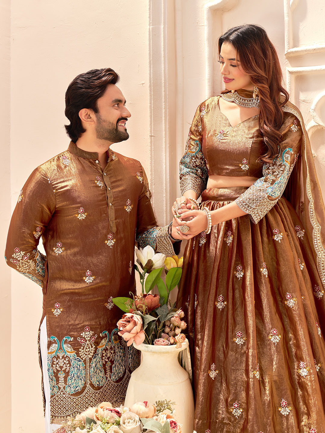 Rudrayan Copper Brown Fendi Silk Embroidered Couple Wear Set