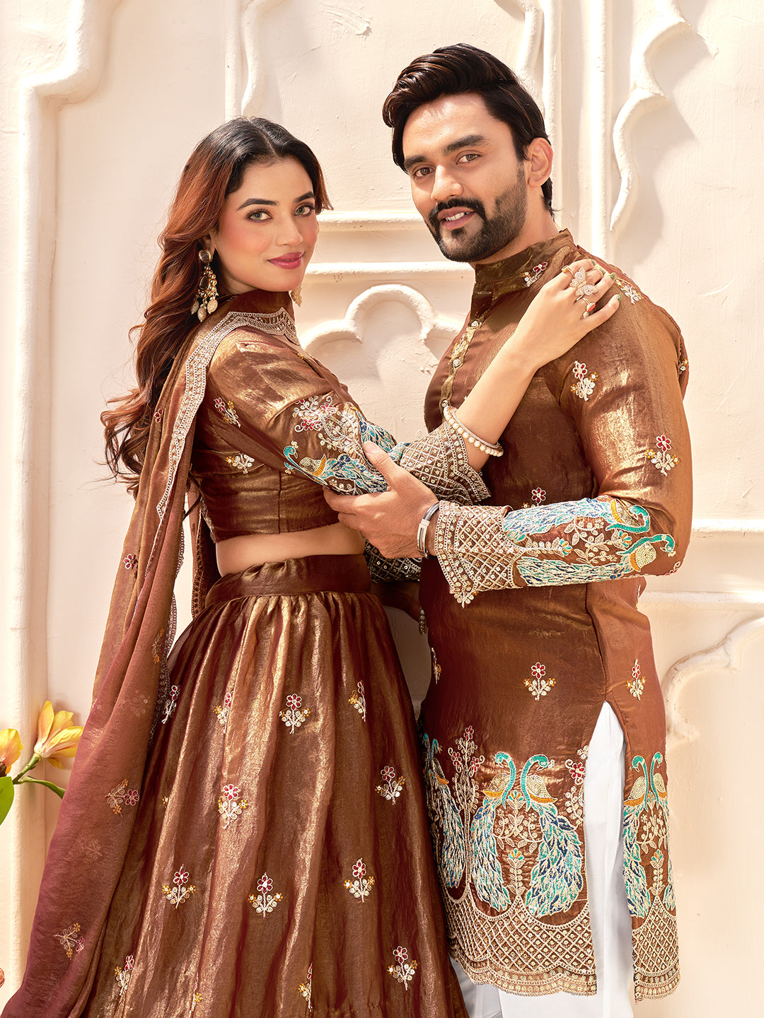 Rudrayan Copper Brown Fendi Silk Embroidered Couple Wear Set