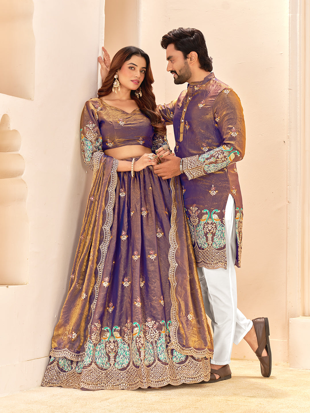 Zayriva Royal Violet Fendi Silk Embroidered Couple Wear Set
