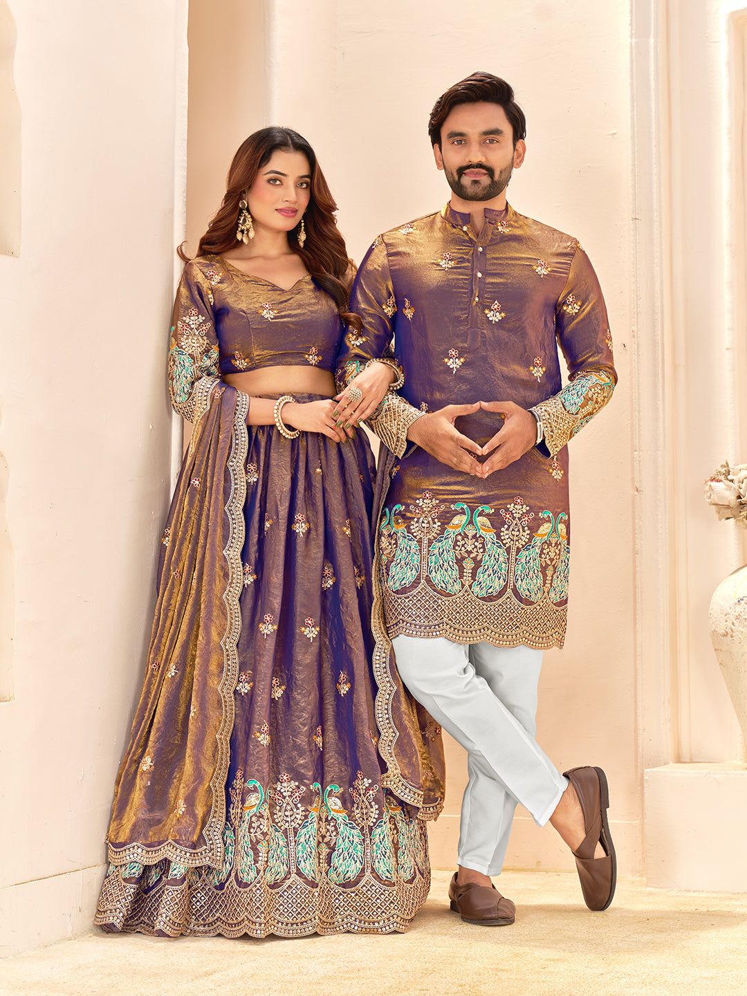 Zayriva Royal Violet Fendi Silk Embroidered Couple Wear Set