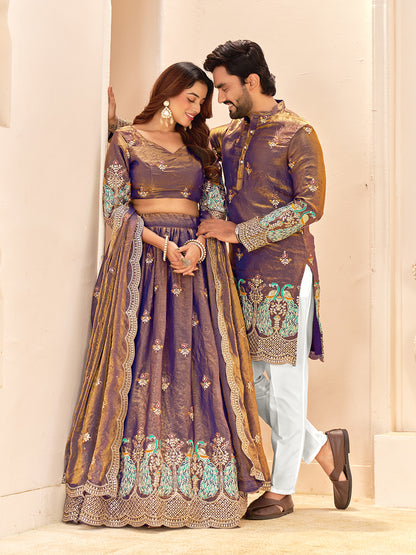 Zayriva Royal Violet Fendi Silk Embroidered Couple Wear Set