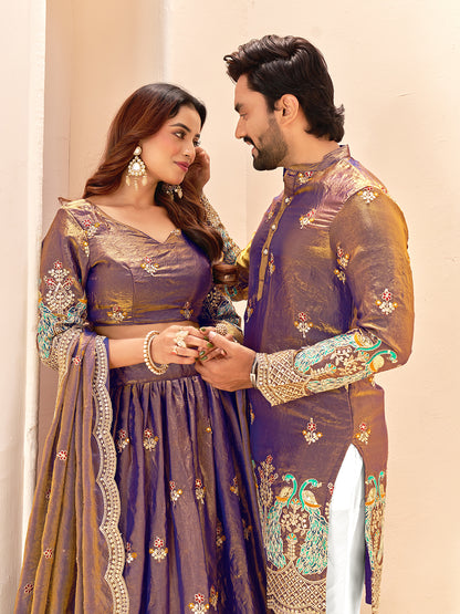 Zayriva Royal Violet Fendi Silk Embroidered Couple Wear Set