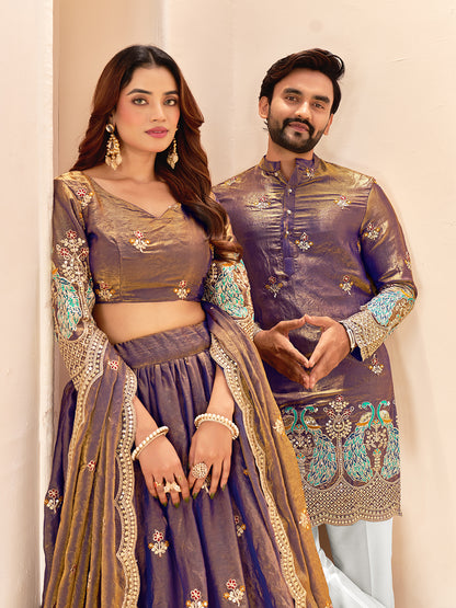 Zayriva Royal Violet Fendi Silk Embroidered Couple Wear Set