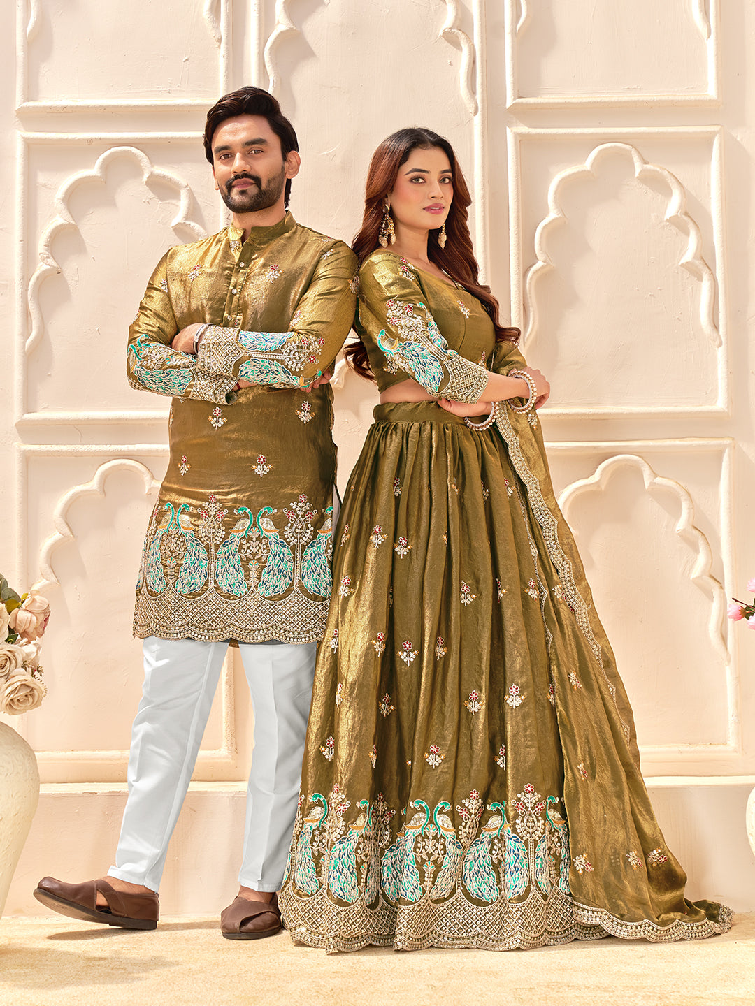 Aurevansh Antique Mustard Fendi Silk Embroidered Couple Wear Set