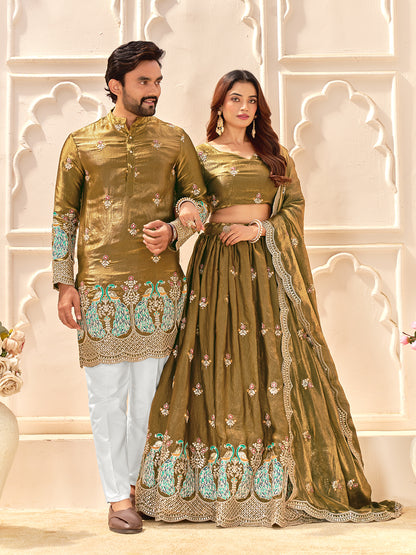 Aurevansh Antique Mustard Fendi Silk Embroidered Couple Wear Set