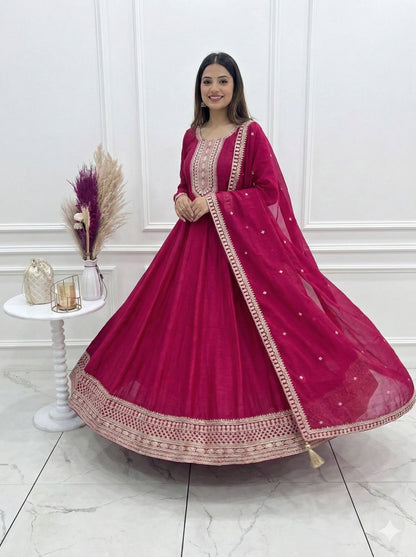 Aadhya Pink Vichitra Silk Anarkali Gown with Dupatta Set