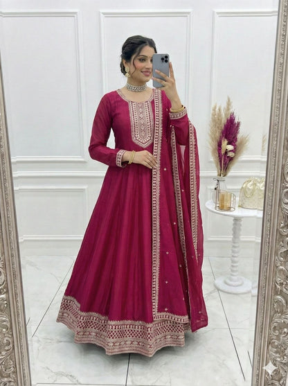 Aadhya Pink Vichitra Silk Anarkali Gown with Dupatta Set