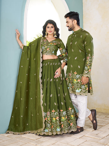 Mehak-e-Hara Embroidered Lehenga Choli & Matching Men's Kurta Set Combo