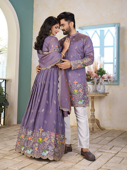 Rajvilaas Embroidered Lehenga Choli & Matching Men's Kurta Set Combo