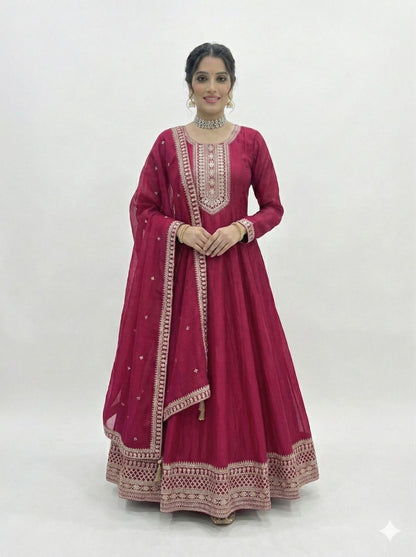 Aadhya Pink Vichitra Silk Anarkali Gown with Dupatta Set