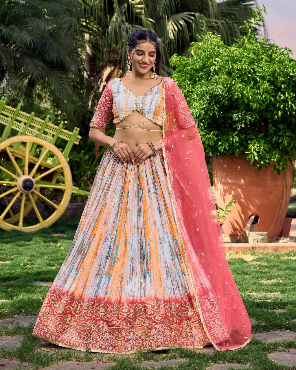Pink Chinon Fabric Zari Embroidery Work Lehengha Choli