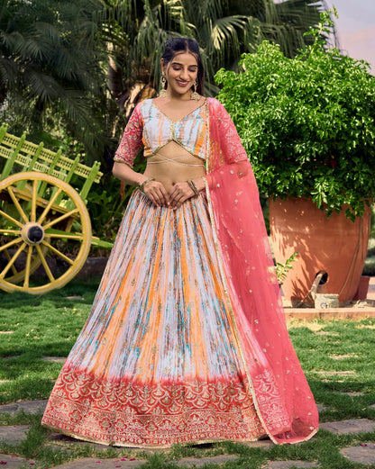 Pink Chinon Fabric Zari Embroidery Work Lehengha Choli