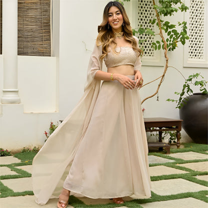 Beige Elegant Stiched Plazo Jacket Set