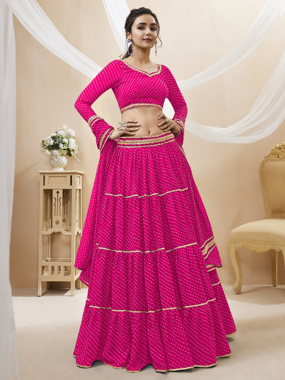 Barbie Pink Georgette Laheriya Print Lehengha Choli