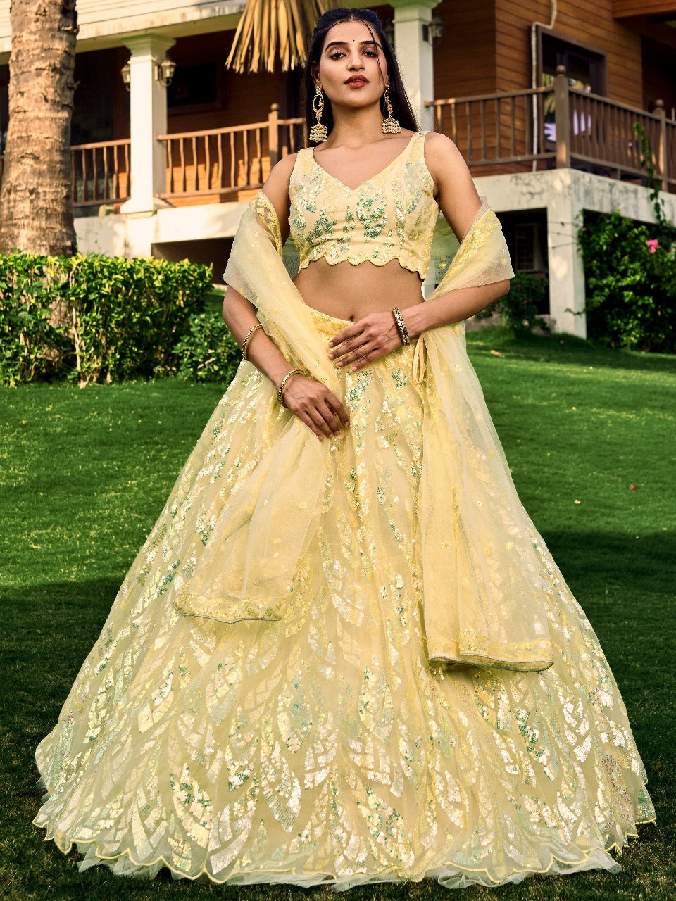 Yellow Soft Net Partywear Thread Embroidery Work Lehengha Choli