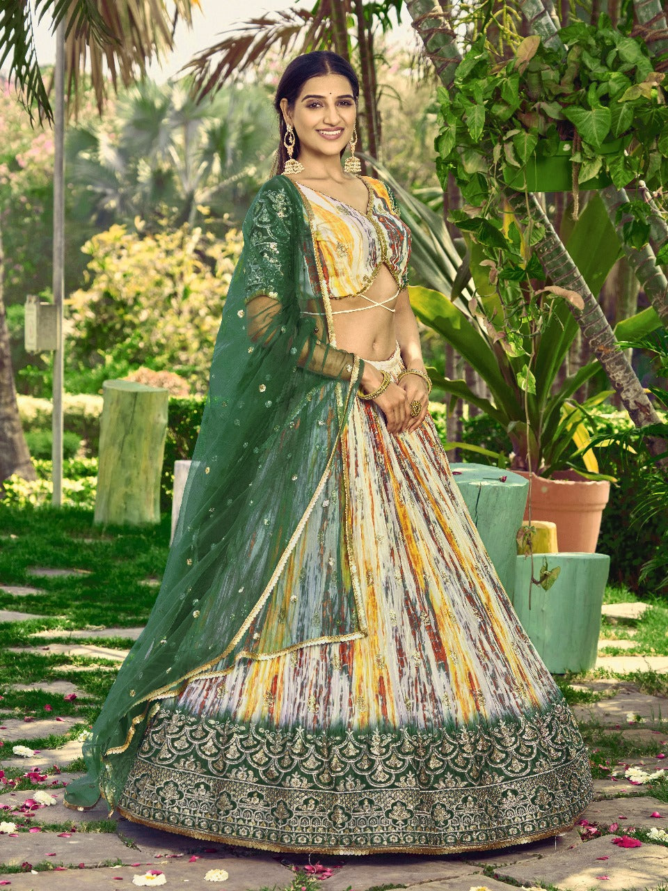Green Chinon Fabric Zari Embroidery Work  Lehengha Choli
