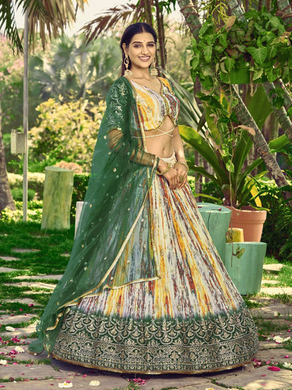 Green Chinon Fabric Zari Embroidery Work  Lehengha Choli