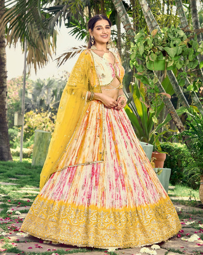 Yellow Chinon Fabric Zari Embroidery Work Lehengha Choli