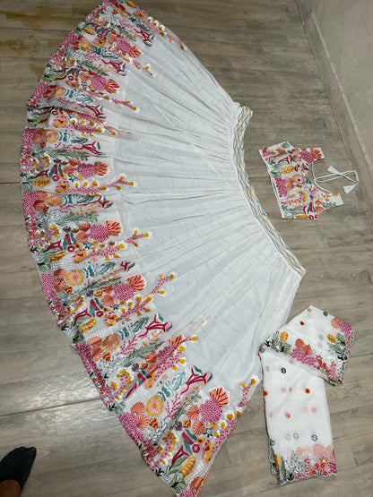 New White Multi Work Lehengha Choli