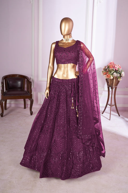 Nivethika Purple Soft Net Embroidered Lehenga Choli