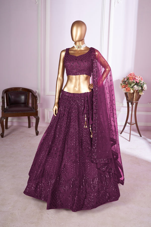 Nivethika Purple Soft Net Embroidered Lehenga Choli