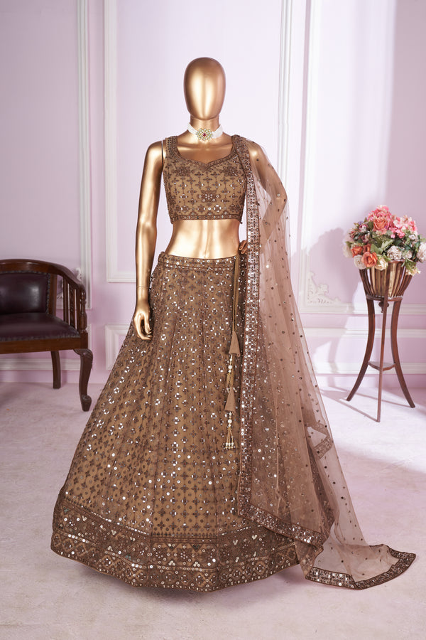 Keshavini Brown Soft Net Embroidered Lehenga Choli